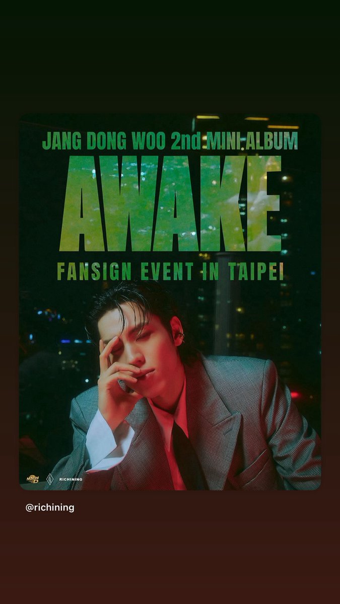Richining_tw's tweet photo. 【JANG DONG WOO 2nd MINI ALBUM [AWAKE] FANSIGN EVENT IN TAIPEI】實體專輯簽售會

【名額招募】
招募方式：於販售時間內購買RICHINING販售的專輯，即可參與實體簽售會的抽獎，購買一張專輯將獲得一次抽獎機會

販賣日期：2026年2月5日-2月11日23:59(台灣時間)
專輯售價：NTD$780/張(運費另計)
專輯訂購連結：https://t.co/U0yuDzq0Wl
※ 【有提供】中韓文翻譯，恕不支援其他語言
※皆會計入HANTEO Chart，Gaon Chart專輯銷量

【抽選方式】
實體簽售會：在購買專輯的粉絲中隨機抽出30名，總共30名中獎者，TO簽名字(僅限英文10字或韓文5字內)由主辦方提前收集

福利1：活動當天由藝人抽出5名，可以獲得獨家簽名拍立得1張(共5款)
福利2：在購買專輯的粉絲中隨機抽出10名，可以獲得獨家簽名拍立得1張(共10款，隨機1款寄送)
福利3：購買1張專輯時可以獲得1張限定小卡(共3款，隨機1款寄送)，單筆訂單購買3張專輯時，3款不重複
※備註：30名實體簽售會與10名親筆簽名拍立得的名額抽獎不重複，共抽出40名

中獎者公布日期：2月14日
中獎者公布：RICHINING官方粉絲專頁及官方INSTAGRAM
活動日期：3月15日(日)、進行(台灣)時間：14:00 
活動地點：台北市(個別通知30名中獎者詳細地址)

【注意事項】
1.參與招募的專輯，皆無法退換貨，購買時請慎思再下單；30名TO簽專輯是包含在中獎者所購買數量，其中1張於簽售會現場交付；限定小卡、拍立得和剩餘的專輯於活動舉辦結束後開始陸續寄送
2.入場後不可擅自離開或更換座位 ，更不允許四處走動，請務必坐在自己的座位上，屢勸不聽者將被強制退場 ，敬請配合
3.簽售會的簽名專輯只可中獎者本人參加和獲得不可代領或轉讓，因轉讓發生的一切問題由當事人承擔責任，如經舉報將被強制退場
4.請勿攜帶拍立得相機及底片相機入場
- 嚴禁使用閃光攝影/自動對焦輔助燈/頻閃燈
- 嚴禁所有任何形式的直播行為
- 只能在自己的座位上使用相機/攝影機拍攝，在座位外拍攝禁止安裝三腳架
- 可以攜帶三腳架，但請以適當的高度和寬度使用，以免遮擋周圍的粉絲或視線
- 嚴禁簽售會前的排隊和過程中攜帶任何具有拍攝/錄音功能的設備(如：智慧手機、智慧手錶、拍立得相機、底片相機、玩具相機、錄音筆、攝影機、電子設備、玩偶等)，工作人員將會進行確認，若被發現則會刪除記憶卡內容後強制退場
5.由於中獎者自身未閱讀清楚上述內容而造成的損失和事故，主辦方不承擔責任
6.RICHINING保有本活動內容變更或終止之權利，敬請隨時確認最新公告，謝謝

#장동우 #JangDongWoo
#솔로 #컴백 #AWAKE 
#SWAY #SWAY_Zzz
@jjang_ddong_ggo