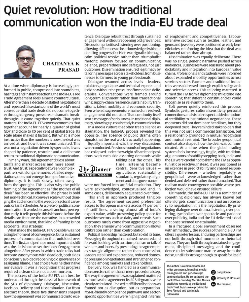 Chatty111Prasad's tweet photo. My perspective on how traditional communication tools , strategies helped in inking the #IndiaEUFTATradeDeal #IndiaEUDeal in the @Pioneer today . #MinCommerce #MEA #MIB https://t.co/x0LjMuv1Vo