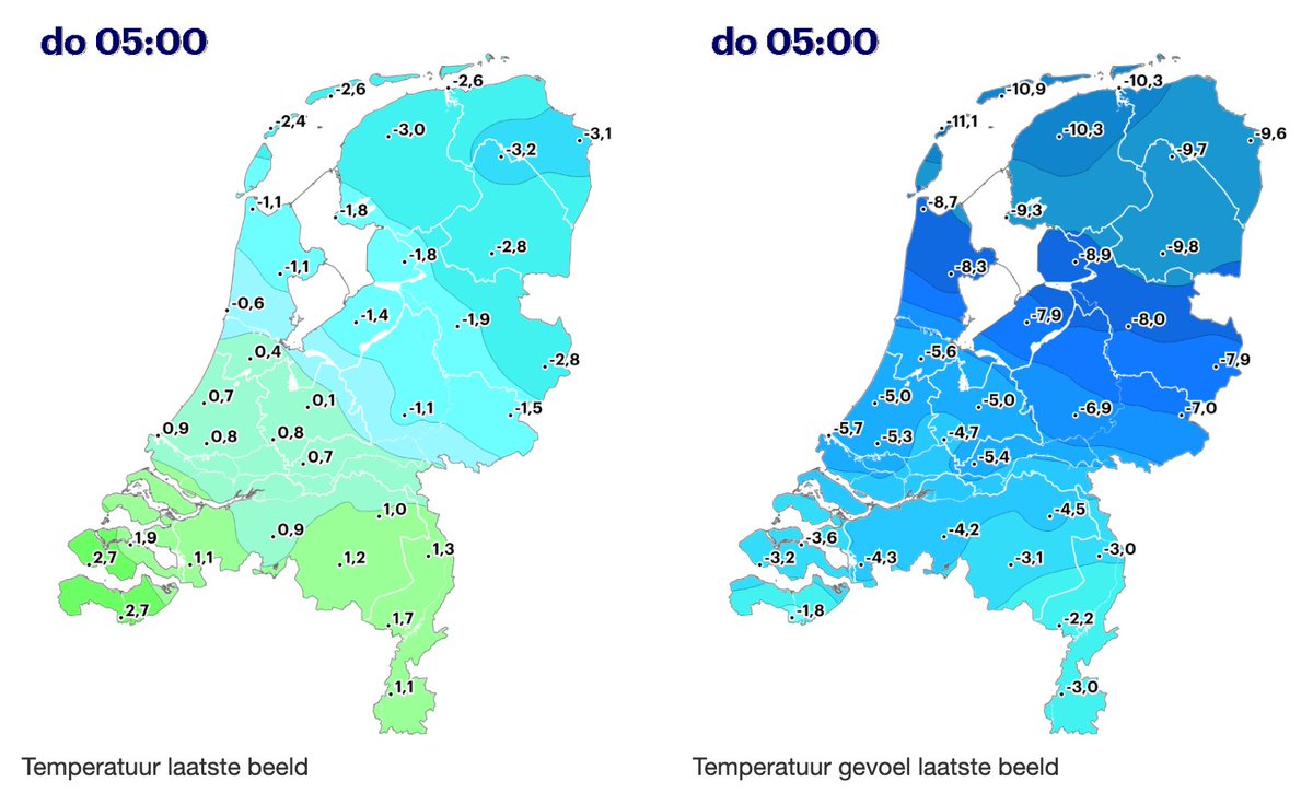 Goedemorgen 🥶 Vandaag vriest het de hele dag in het noordoosten, met vanochtend een gevoelstemperatuur tot rond -10 graden in het noorden van het land. Pas morgen komt het kwik daar — net als elders — eindelijk boven het vriespunt uit. Meer weer  👉👉buienradar.nl/nederland/weer…