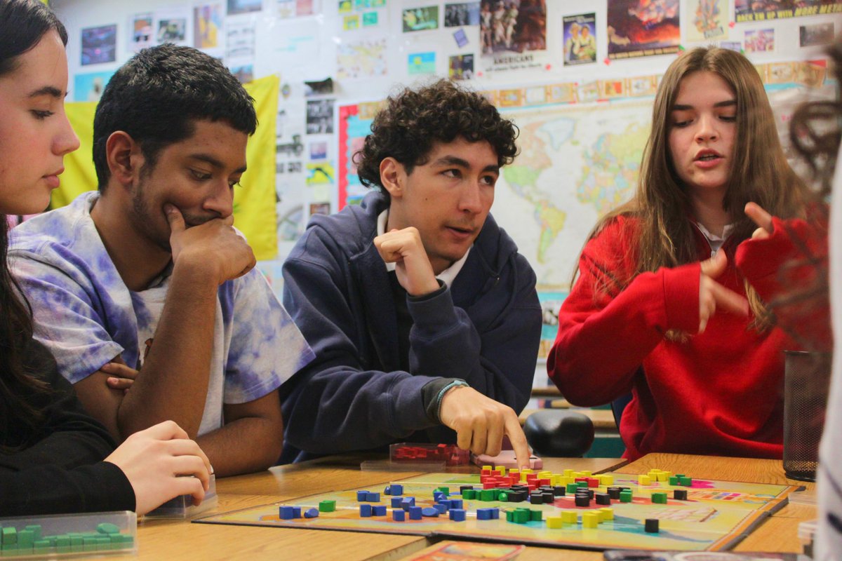 CavsConnect's tweet photo. Today during 5th period, DeArmas’ class played the board game Risk, a strategy game where players take control of territories, build armies, and try to conquer other regions. The students split into two tables, each taking on the roles of different countries competing for power. https://t.co/uyIoavxyK8