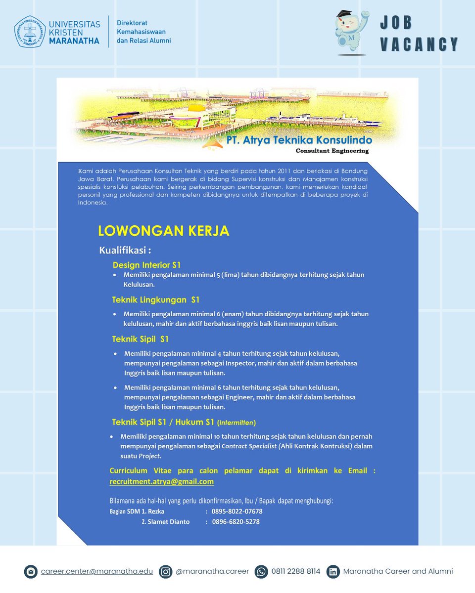[JOB VACANCY – PT. Atrya Teknika Konsulindo]

Design Interior S1
Teknik Lingkungan S1
Teknik Sipil S1
Teknik Sipil S1/ Hukum S1 (Intermitten)

Send your CV to  recruitment.atrya@gmail.com

Untuk informasi lowongan kerja, follow sosial media kami
<a href="/maranatha/">Maranatha Volunteers International</a>.career