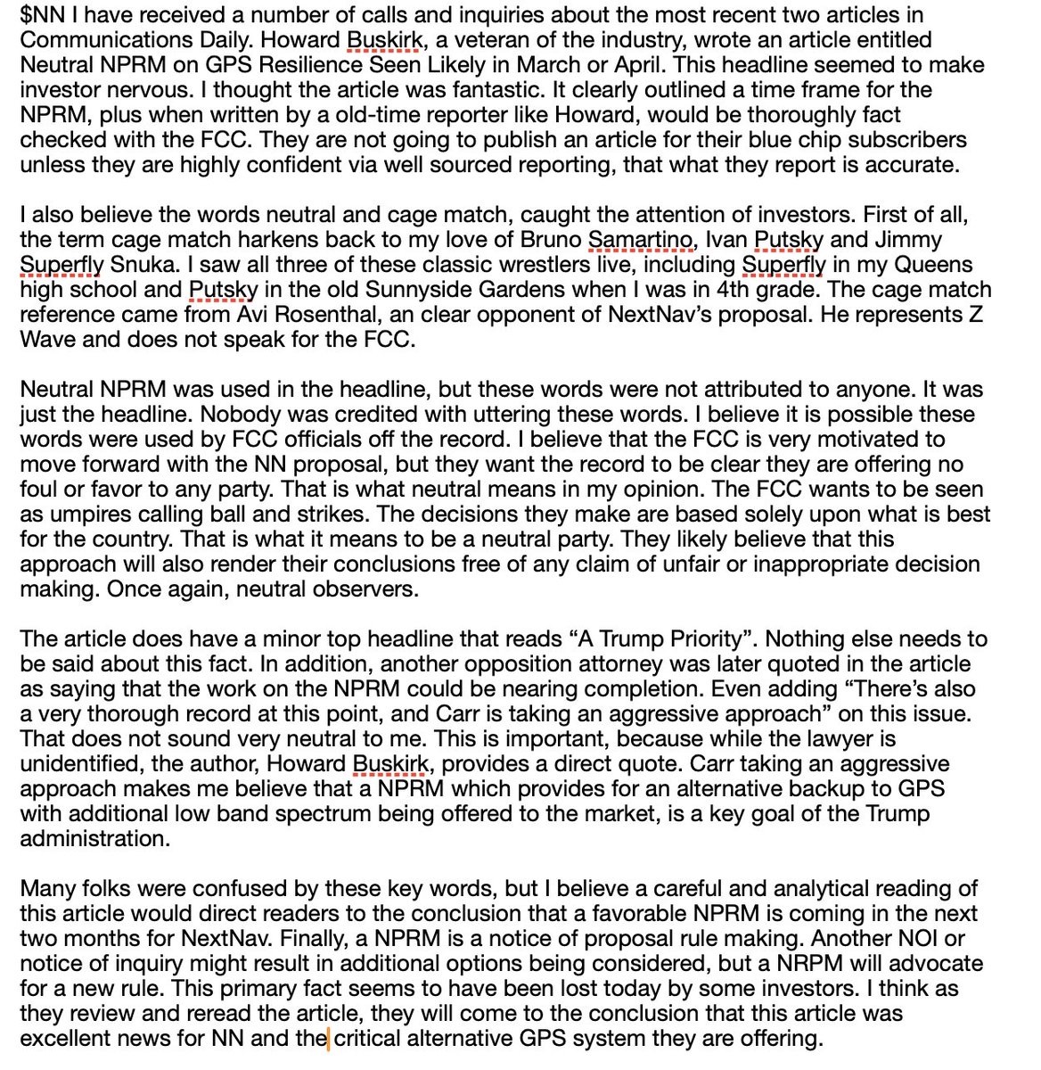 $NN I have some thoughts I would like to share about two recent articles in Communications Daily, the preeminent industry publication covering all things FCC.