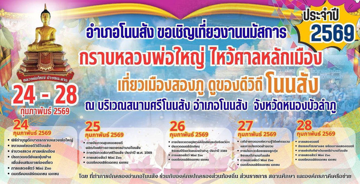 ขอเชิญเที่ยวงานประเพณี #กราบหลวงพ่อใหญ่ ไหว้ศาลหลักเมือง ประจำปี 2569 ณ #อำเภอโนนสัง