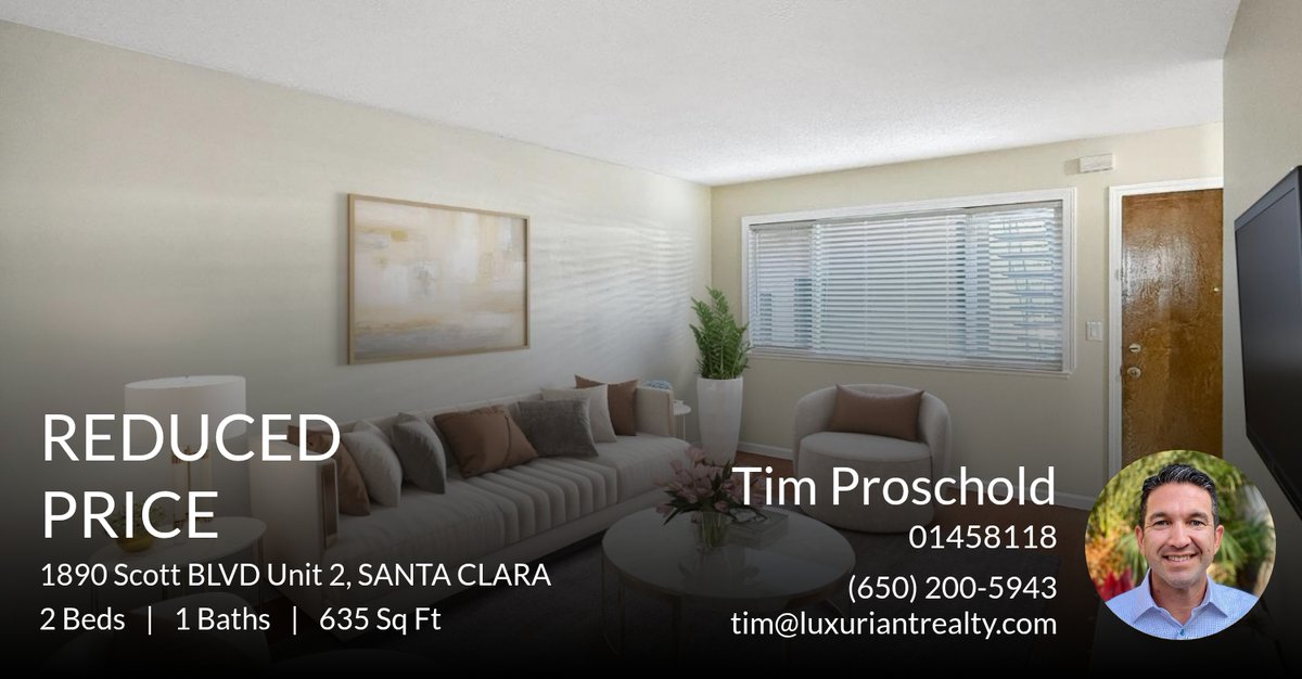 TimProschold's tweet image. 📍 Reduced Price 📍 This recently reduced home at 1890 Scott Blvd Unit 2 in Santa Clara won't last long, so, don't wait to set up a showing! Reach out here or at (650) 200-5943 for more information!

DRE#01458118 homeforsale.at/1890_SCOTT_BLV…