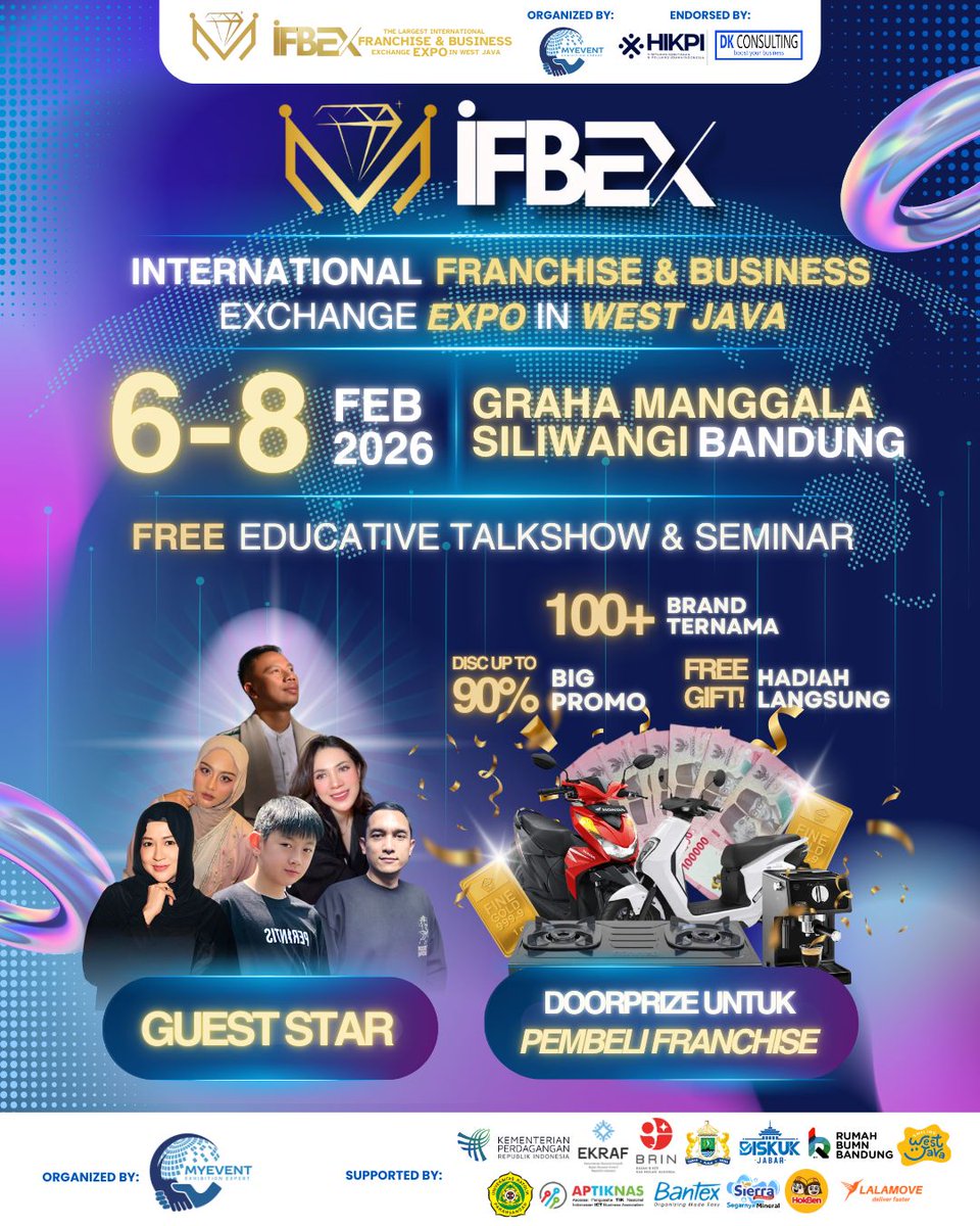 IFBEX Bandung 2026 menghadirkan 100+ brand ternama, edukasi bisnis GRATIS, promo hingga diskon 90%, dan peluang usaha pilihan dengan spesial guest Ryu Kintaro.

Catat tanggalnya
📅 6–8 Februari 2026
📍 Graha Manggala Siliwangi, Bandung

Jangan sampai terlewat!

#IFBEXBandung2026