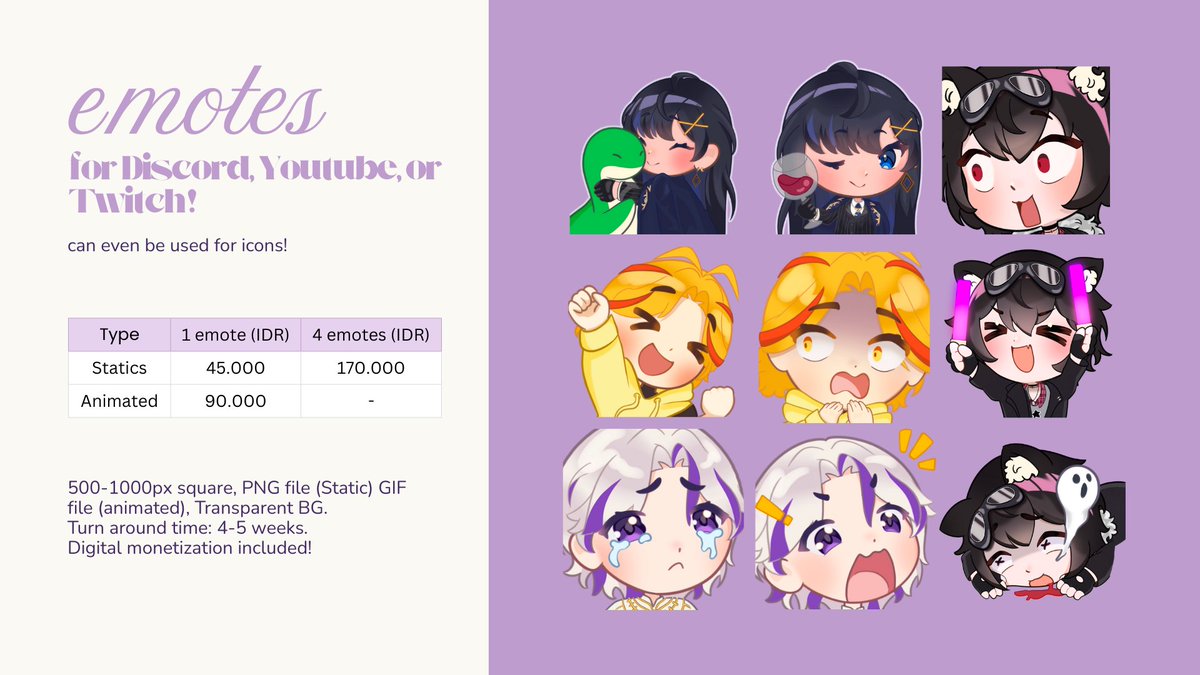 OphieVT's tweet photo. Open Commission IDR only 🇮🇩 

- Reactive  
- Emotes 
- Chibi Food illustration  

I only do chibis for now, taking a few slots. 
Please DM me here or Discord if interested ^^

#artcommission #commissionopen https://t.co/LQ6f53U8AE