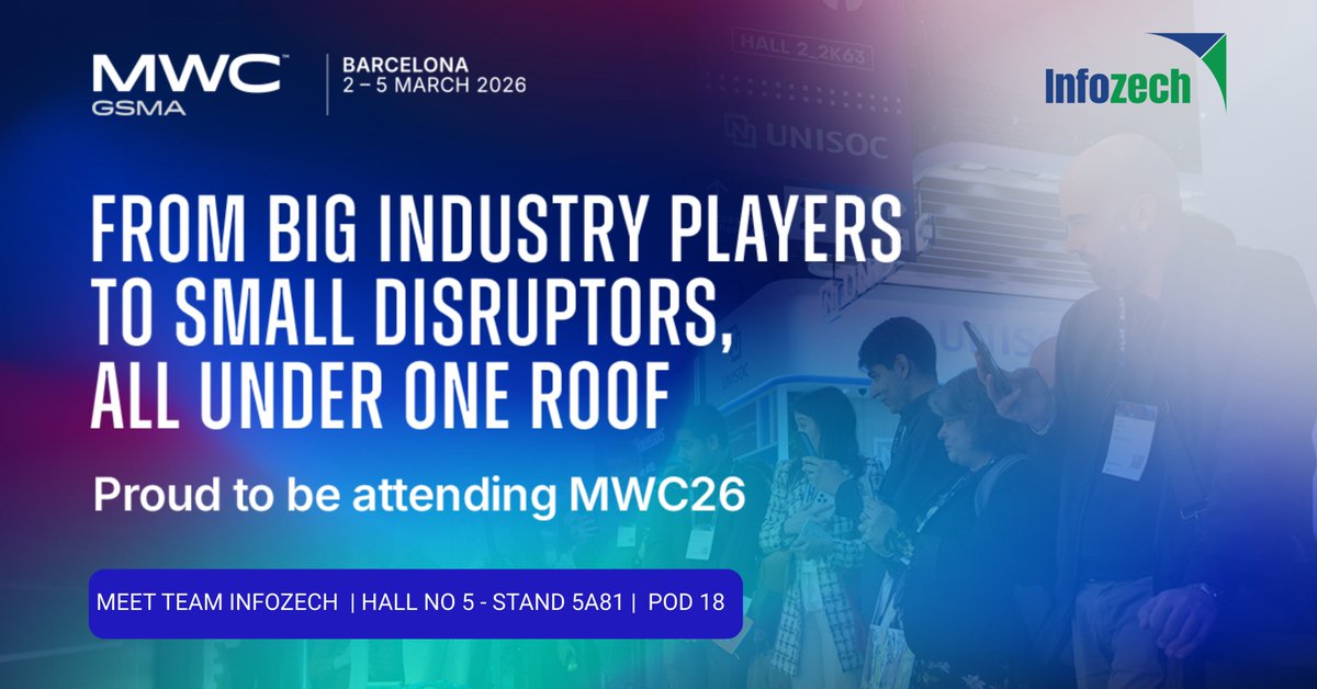 InfozechS's tweet photo. We're heading to Barcelona!

Team Infozech is excited to announce that we'll be attending #MWCBarcelona 2026 from March 2-5! 

Venue: Fira Gran Via, Barcelona
Find us at: Hall No 5 - Stand 5A81 | Pod 18 

#MobileWorldCongress #TelecomInfrastructure #GSMA #TowerCo #MWC2026 https://t.co/OCSJ07y9cg