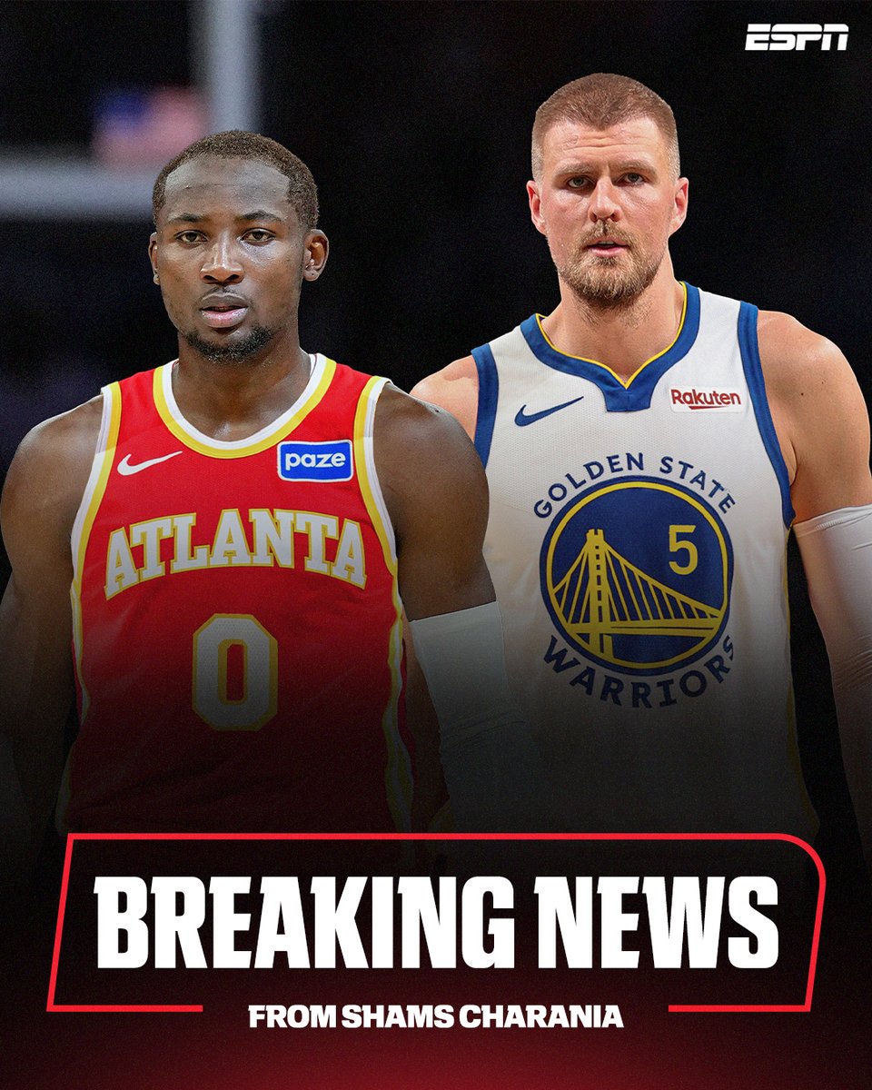 espn's tweet image. Breaking: The Golden State Warriors are trading Jonathan Kuminga and Buddy Hield to the Atlanta Hawks for Kristaps Porzingis, sources tell @ShamsCharania.