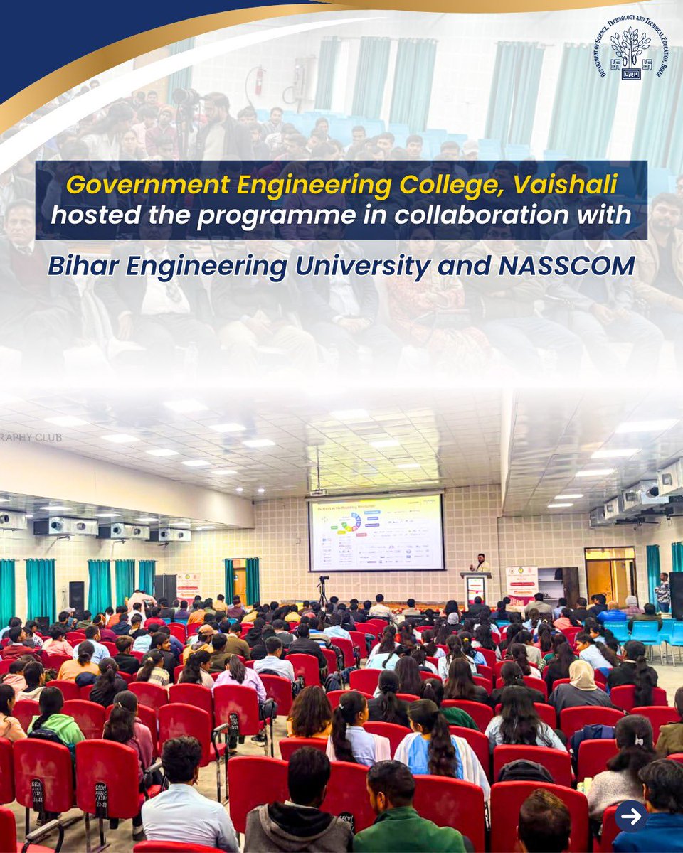DSTTEBihar's tweet photo. Orientation for Bihar’s technical institutes was held at GEC Vaishali by Bihar Engineering University and NASSCOM, focusing on skills, industry connect and innovation.

@IPRDBihar @BiharEducation_  @NitishKumar 

#OrientationProgramme 
 #IndustryAcademia #DSTTEBihar https://t.co/18iLmRcNo2