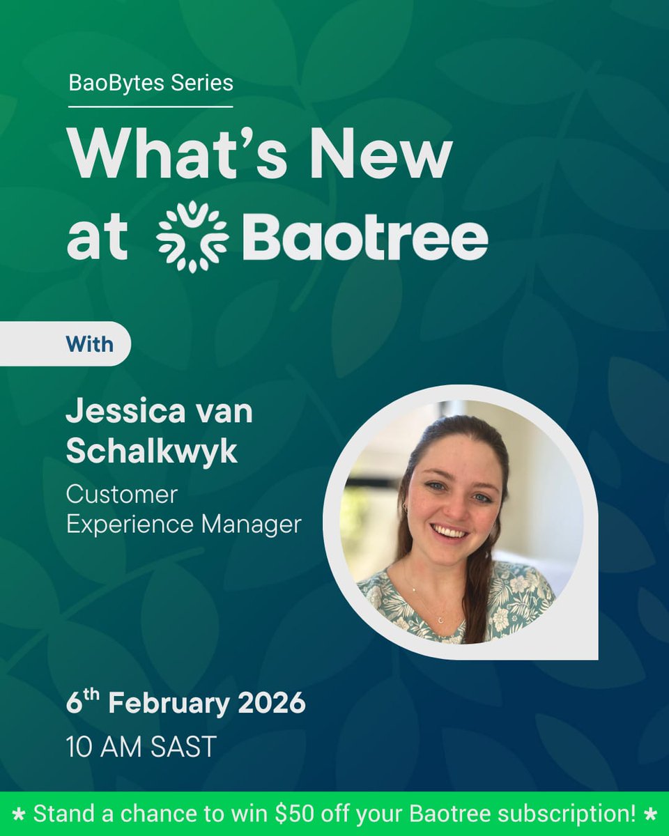 Join Jessica van Schalkwyk for tomorrow’s BaoBytes session 🎯

New features, better workflows &amp; a sneak peek at what’s next 👀
Plus a chance to win $50 off your next Baotree month!

📅 6 Feb | ⏰ 10:00 SAST
Register: events.teams.microsoft.com/event/ea241467…

#BaoBytes #Baotree