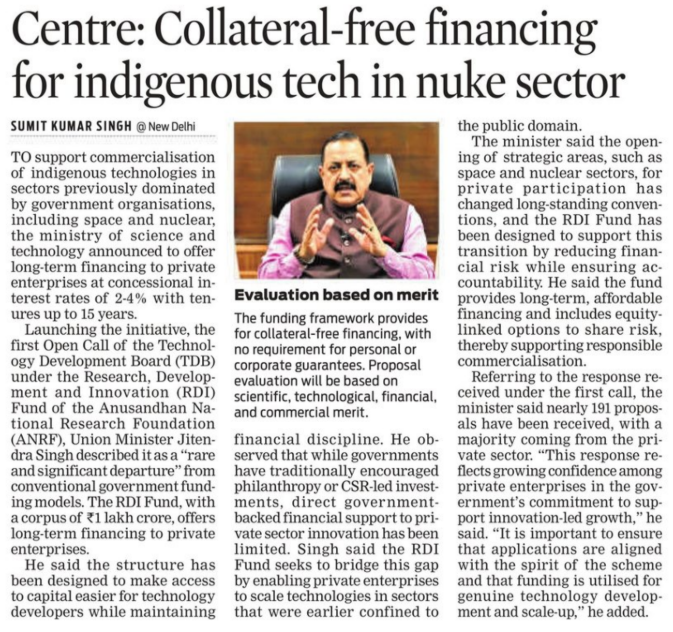 IndiaDST's tweet photo. #TheNewIndianExpress - Collateral-free financing for indigenous tech in nuke sector: Centre. #RDIF
@DrJitendraSingh @karandi65 @tdbgoi @ANRFIndia
🔗https://t.co/xytGT0J9Q1 https://t.co/b4mrX6LKlZ