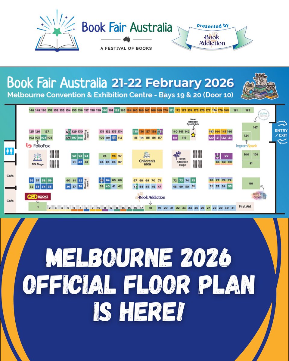 The official floor plan for Book Fair Australia Melbourne 2026, presented by Book Addiction, is here! 📚

Plan your day by using the full-size map &amp; panel schedule on our website: bookfairaustralia.com/panels