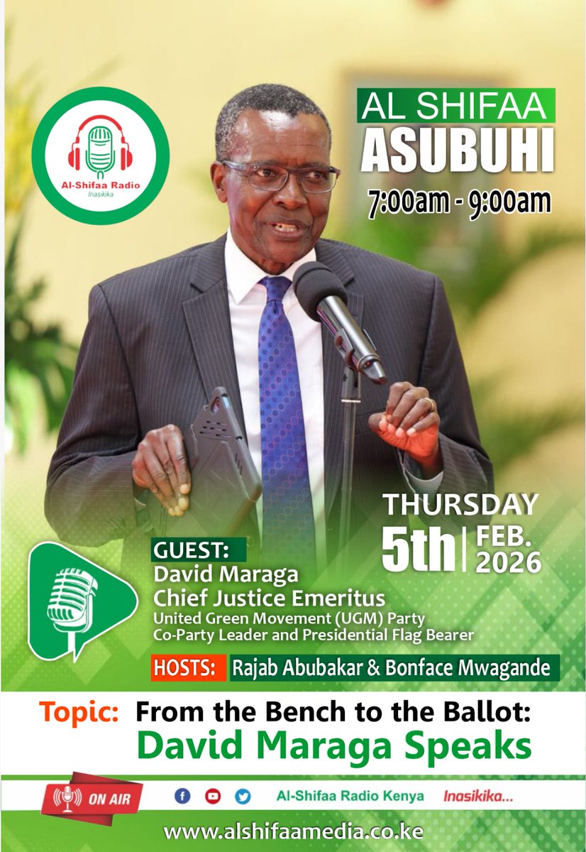 Presidential Flag Bearer Hon. <a href="/dkmaraga/">David Maraga</a> will be on air at Al Shifaa Radio shortly. Ready to engage with wananchi.

#UkatibaCaravan #UkatibaMovement #UGMParty