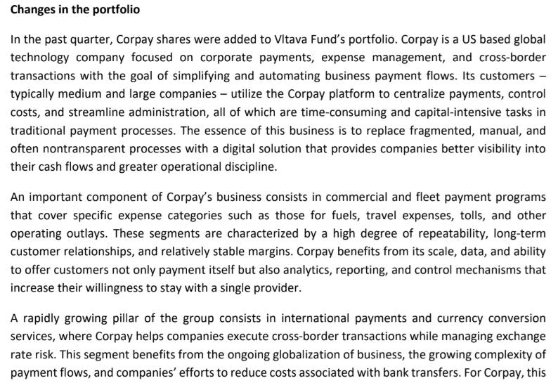 Vltava Fund <a href="/danielgladis/">Daniel Gladiš</a> building a position in Corpay $CPAY

‘An important component of Corpay’s business consists in commercial and fleet payment programs that cover specific expense categories such as those for fuels, travel expenses, tolls, and other operating outlays.