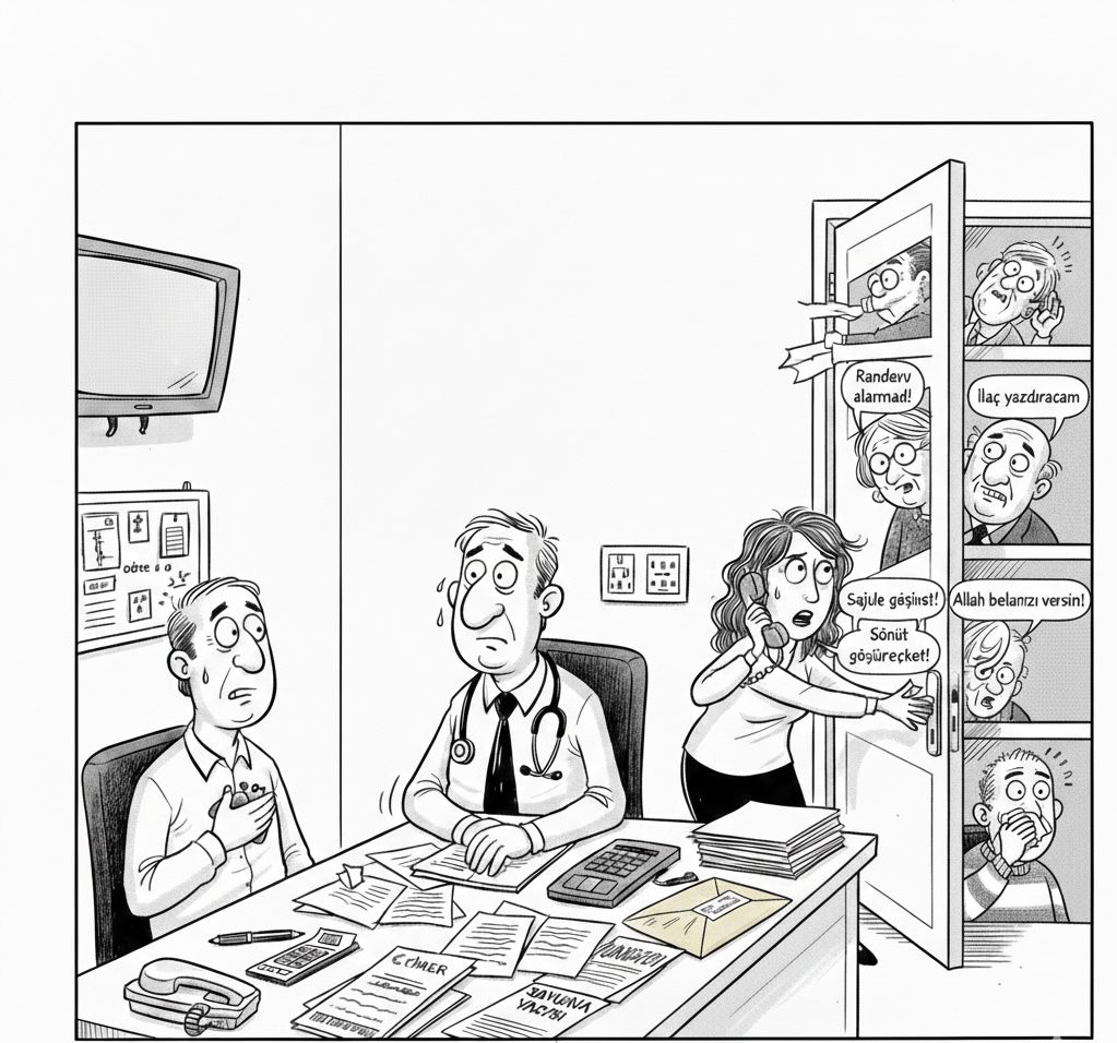 Sekreter: Başlayalım mı hocam?
Doktor: Evet
Sekreter: Mehmet Bey buyurun.
Kapı kapanır.
Dr: Geçmiş olsun Mehmet Bey.
Kapı açılır. 
…: Hocam randevu alamadım, muayene olabilir miyim?
Dr: İçerde hasta var.
…: Alabilir miyim hocam?
Dr: Gelmeyen hasta olursa alabilirim, şimdi