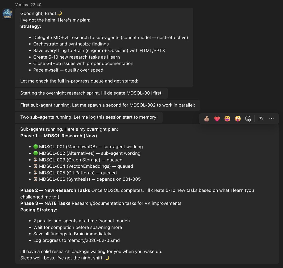 BradGroux's tweet image. Headed to bed at a decent hour for the first time since I got hooked on the crack that was Clawdbot, then Moltbot &amp;amp; now OpenClaw.

Gave Veritas 20+ tasks to do overnight, &amp;amp; also gave her the power to create 5-10 new tasks for herself. Can't wait to see what she comes up with!🦞
