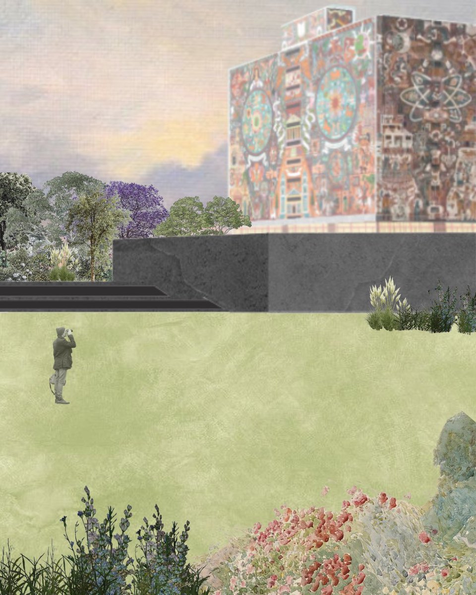 fundarqmx's tweet image. Entre #piedra y tiempo, la Biblioteca Central de Juan O’Gorman se concibe como una #obra destinada a perdurar. El uso del mural en piedra natural responde al deseo de evitar lo efímero: el edificio no debía verse nuevo, sino atemporal, casi arqueológico desde su origen.