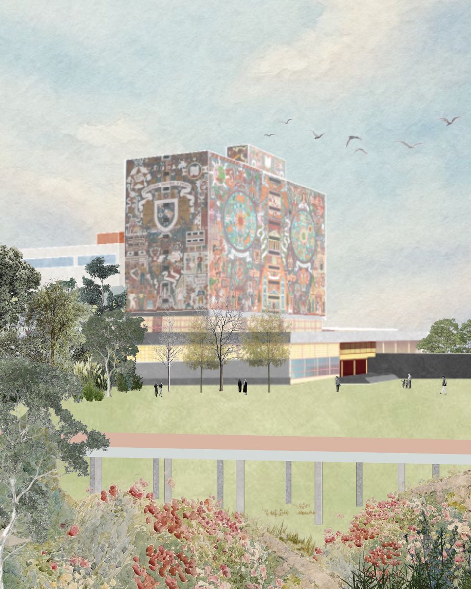 fundarqmx's tweet image. Entre #piedra y tiempo, la Biblioteca Central de Juan O’Gorman se concibe como una #obra destinada a perdurar. El uso del mural en piedra natural responde al deseo de evitar lo efímero: el edificio no debía verse nuevo, sino atemporal, casi arqueológico desde su origen.