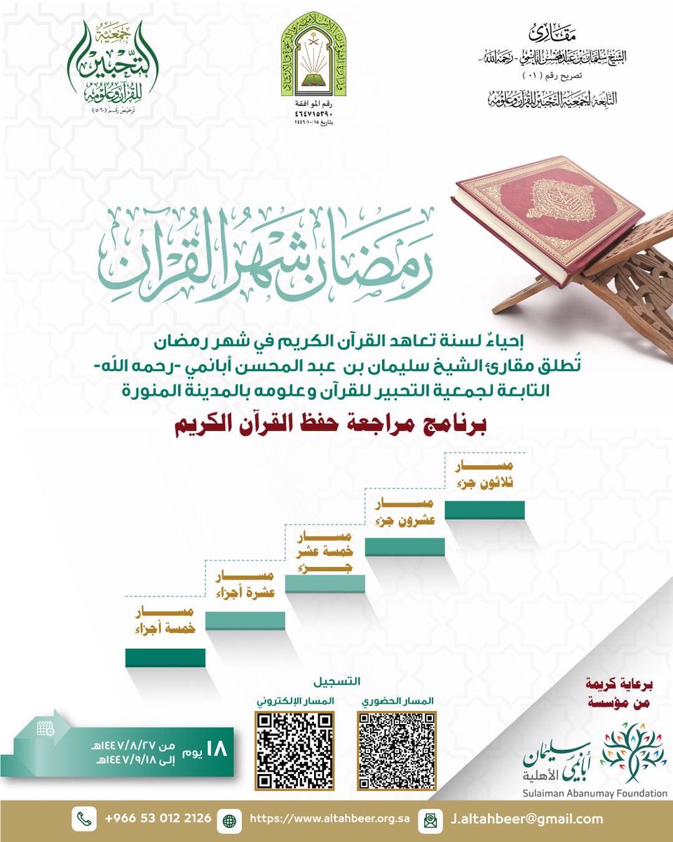 Maqari2030's tweet image. #إعلان

تُعلن #مقارئ الشيخ سليمان بن عبد المحسن #أبانمي -رحمه الله التابعة ل #جمعية_التحبير للقران وعلومه ب #المدينة_المنورة عن فتح باب التسجيل في برنامج (مراجعة حفظ القران الكريم) 

🔗رابط التسجيل (عن بعد):
forms.gle/ZLruJRAEUW11qu…

🔗رابط التسجيل (حضوري):
forms.gle/XpgQpzHCRQAvnx…