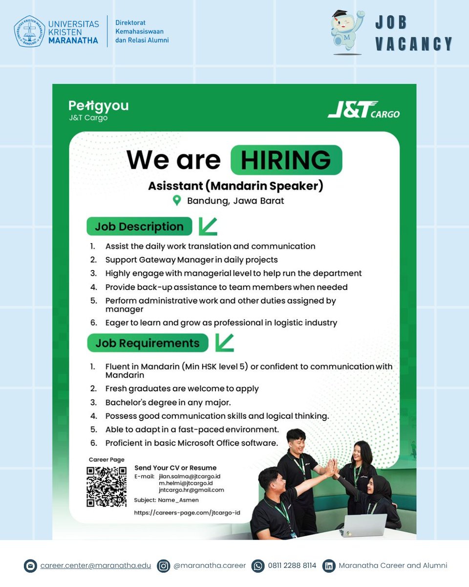 [JOB VACANCY – PT Global Jet Cargo (J&amp;T Cargo) HR Department]

Assistant Manager (Mandarin Speaker)

Send your CV to
m.helmi@jtcargo.id
jian.salma@jtcargo.id
jntcargo.hr@gmail.com
Subject: Name_Asmen
Untuk informasi lowongan kerja, follow sosial media kami
<a href="/maranatha/">Maranatha Volunteers International</a>.career