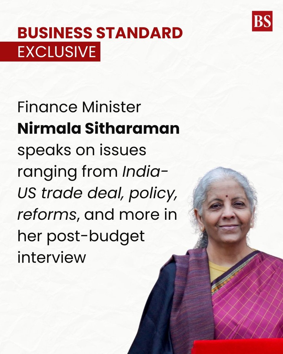bsindia's tweet photo. #BSExclusive | Finance Minister @nsitharaman
spoke with @Armilu, @tragicosmicomic, @nivmook, and @AshokAkaybee at her Parliament office in her post-budget interview, covering topics from the #IndiaUSTradeDeal to policy and reforms.

Full interview 👉 https://t.co/oA8VjiNk6N 

#BudgetWithBS @FinMinIndia @nsitharamanoffc