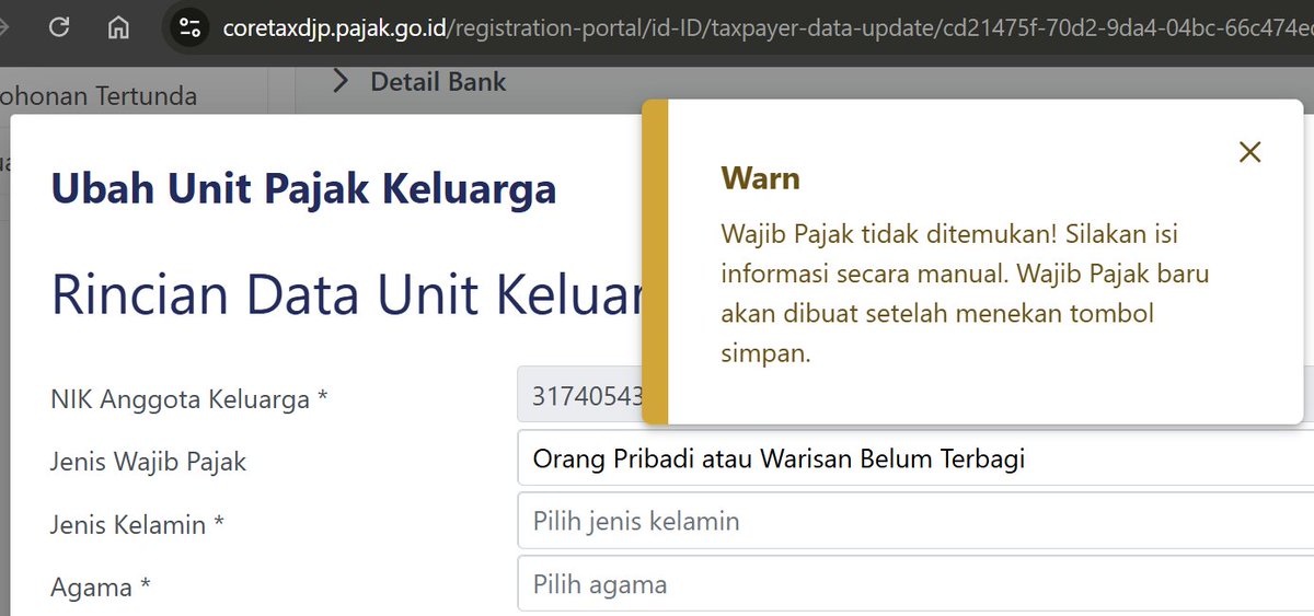 supersuguz's tweet photo. @kring_pajak Lalu, ketika saya mau edit (EDIT ya, bukan TAMBAH) anggota keluarga yang statusnya salah, saya dapet error ini https://t.co/XyYu0hH3kK