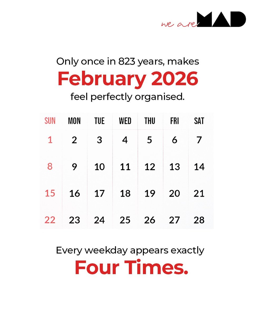 madworksindia's tweet image. 🚨✨ February 2026 understood the assignment 😱
Starts on a Sunday, ends on a Saturday—EVERY weekday appears exactly 4 times. No extras. No chaos. 💯
#PerfectFebruary #MiracleInMonth