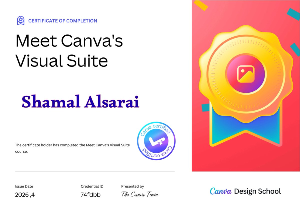 shamalsarai's tweet image. I’m excited to share that I’ve earned the Meet Canva's Visual Suite certification from Canva Design School 🎉
@canva @CanvaEdu #MicrosoftEdu #EdChatEU 
@wakelet @TeacherPrize #MIEExpert @ClassPointMENA