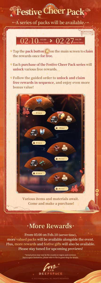 Love and Deepspace Festive Treats! Various Gifts Available—
Claim up to 1,296 Diamonds✨ for free!
🪐Official Discord: discord.gg/aGFPky4snx

💫Golden Fortune: Shake Daily for Free Diamonds &amp; Purchase to Double!
✨Event Duration: From 05:00 on Feb. 10 to 04:59 on Feb. 22