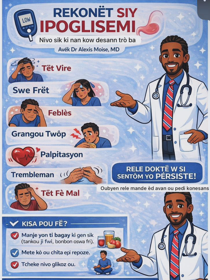 dralexismoise's tweet photo. Ipoglisemi se younn nan premie gro tet chaje ki konn rive ka mounn ki fe sik e li konn rive anpil mounn ki pat malad avan sa tou e sa konn koz lanmò siw pa rekonèt siy yo 🙏🏾 si ou remake siy sa yo lakay ou oubyen ka on mounn ki bo kotew ou dwe aji vit https://t.co/r2j7Qr4A01