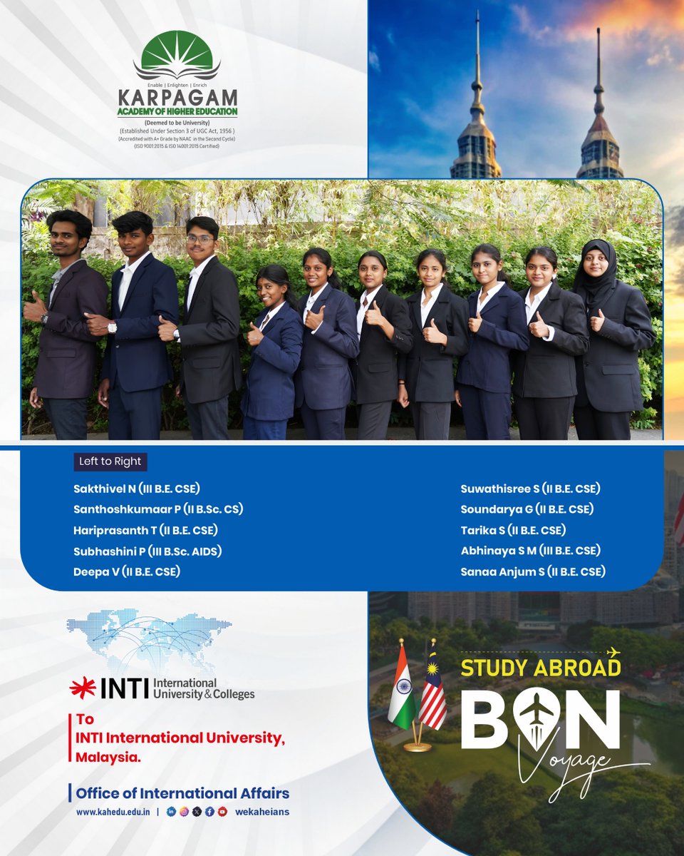 wekaheians's tweet image. Bon voyage to our 2nd &amp;amp; 3rd year BE CSE students as they begin an exciting global academic experience at INTI International University, Malaysia. This overseas opportunity is a proud achievement, unlocking new 

#GlobalExposure #InternationalLearning #StudyAbroadJourney