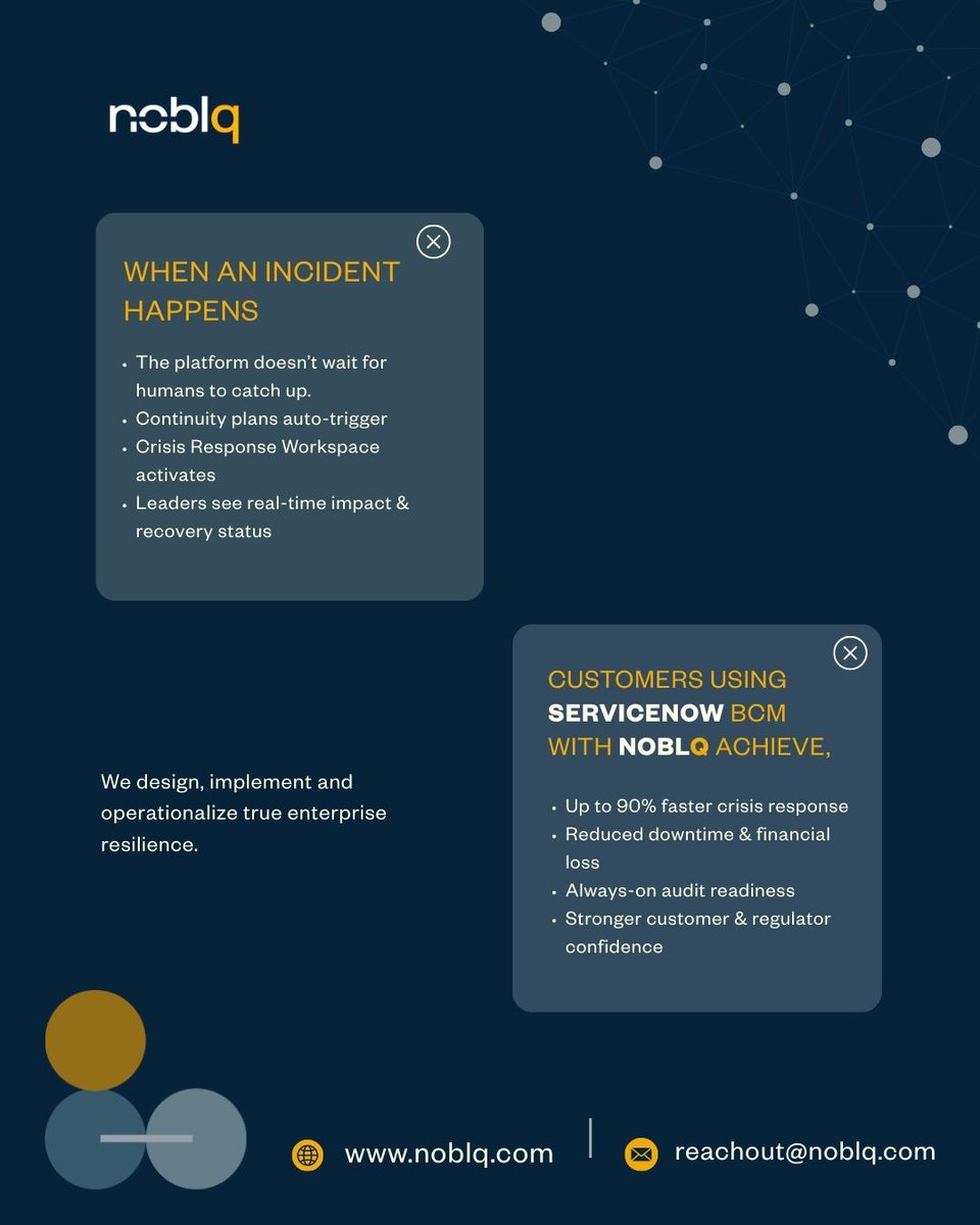 Built natively on ServiceNow, Noblq’s Business Continuity Management solution integrates seamlessly with your existing IT, risk, and operations data so decision-makers always have real-time visibility when it matters most.
noblq.com/solutions/serv…