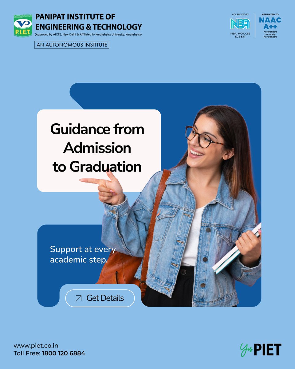 PIETPanipat's tweet image. Your journey from admission to graduation—guided, supported, and empowered every step of the way 🎓✨
Start your future with confidence at PIET!

#YesPIET #FromAdmissionToGraduation #EngineeringYourFuture #StudentSuccess