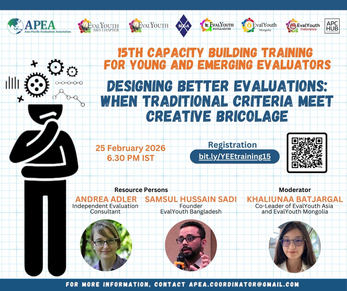 SLEvA_Official's tweet photo. ✨ Designing Better Evaluations: When Traditional Criteria Meet Creative Bricolage ✨

📌 Ready to rethink how evaluations are designed?
👉 Register today: https://t.co/Xgrn7eXQ6P

#YEEtraining #CapacityEvaluation https://t.co/HTojobtoTZ