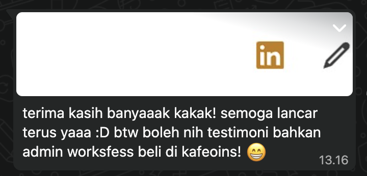 kafeoins's tweet photo. Kalau kata orang "My Endgame" 😁👀

Awalnya pelanggan order seperti biasa, dan kami pun proses premiumnya spt biasa.

Dan ternyata kakaknya orang di belakang @worksfess aka Founder-nya. Such an honor dipercaya utk proses premium di akun LinkedIn pribadinya. https://t.co/jSeVRsmJtb
