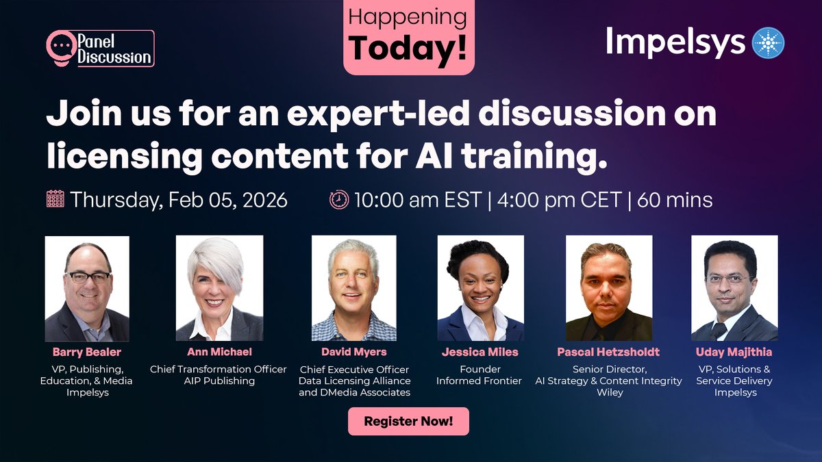 Impelsys's tweet image. Join us today for an in-depth discussion on licensing content for #AItraining.
Hear from #publishing, legal &amp;amp; #AIexperts as they examine how #AI training is reshaping content value, copyright norms &amp;amp; licensing decisions.
#Registernow to attend.
impelsys.com/webinar/publis…
#Impelsys