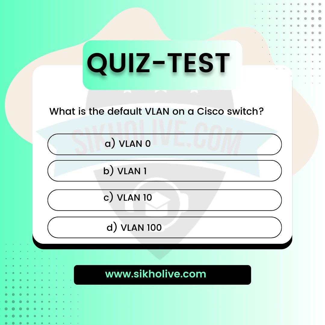 Infotechshesh's tweet photo. Networking quiz 🧠
What is the default VLAN on a Cisco switch?

a) VLAN 0
b) VLAN 1
c) VLAN 10
d) VLAN 100

Reply with the correct answer 👇
#Cisco #VLAN #CCNA https://t.co/GOclseFxwe