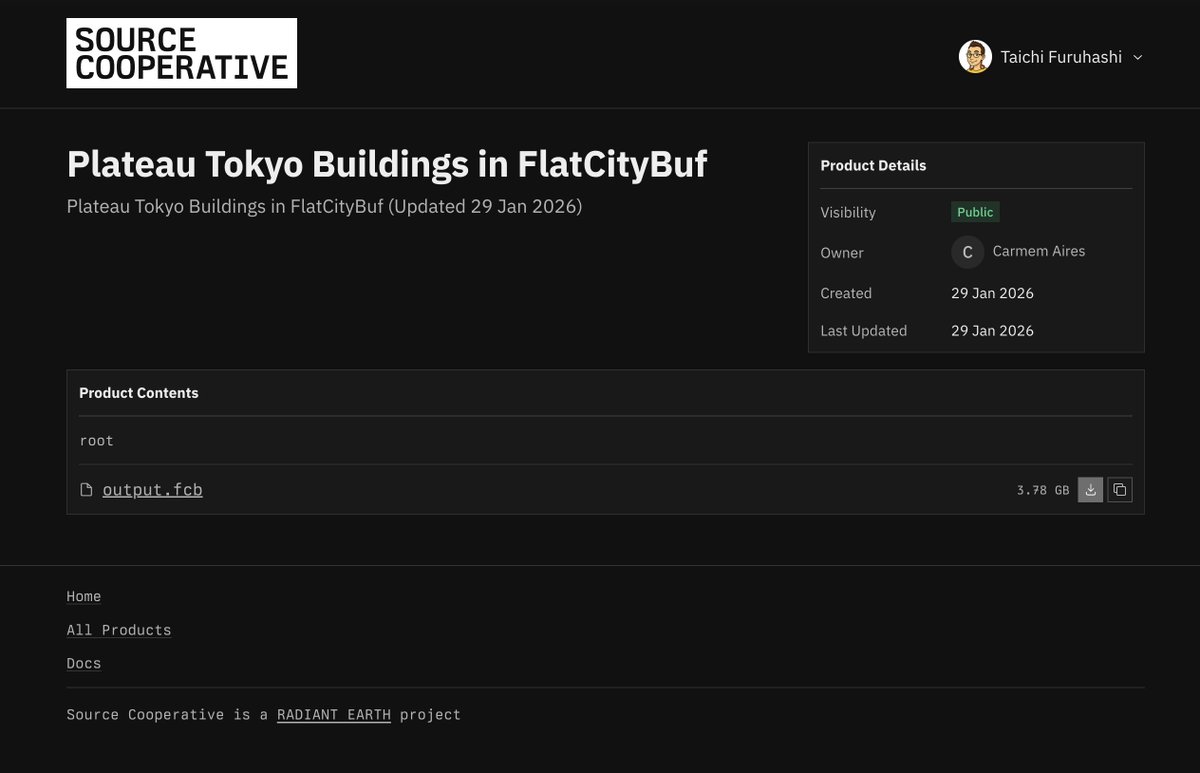 mapconcierge's tweet image. おっと、SOURCE COOPERATIVE でちょっと作業していたら、PLATEAU の3D東京建物データが FlatCityBuf 形式で再配布されていることに気づいた！ FlatCityBuf形式だと tuDelft の関係者かな？？？ #PLATEAU #FlatCItyBuf #tuDelft