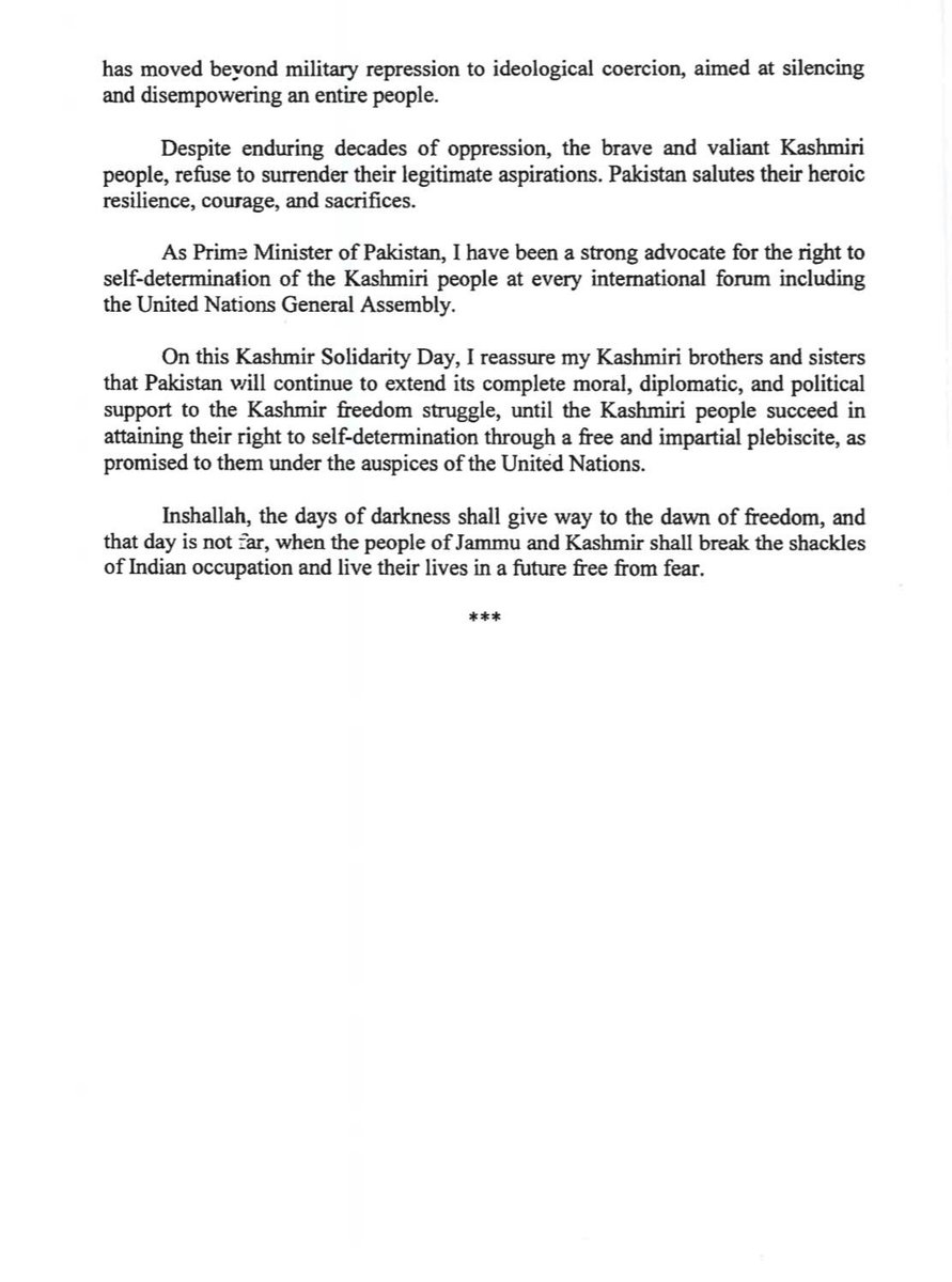 Message from the Prime Minister of the Islamic Republic of Pakistan on Kashmir Solidarity Day (5 February 2026).