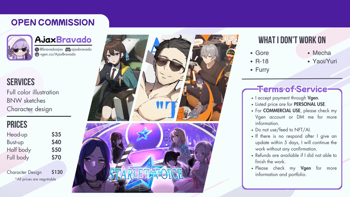 bravadoajax's tweet photo. OPEN COMMISSION <3 

Hello! I open illustration commission for 2-3 slots this month. If you're interested, feel free to contact me or ask any questions related. Please check my VGen account for more information.

RTs are appreciated
#commissionopen #opencommission #VGenComms https://t.co/FJiOC5yQRE