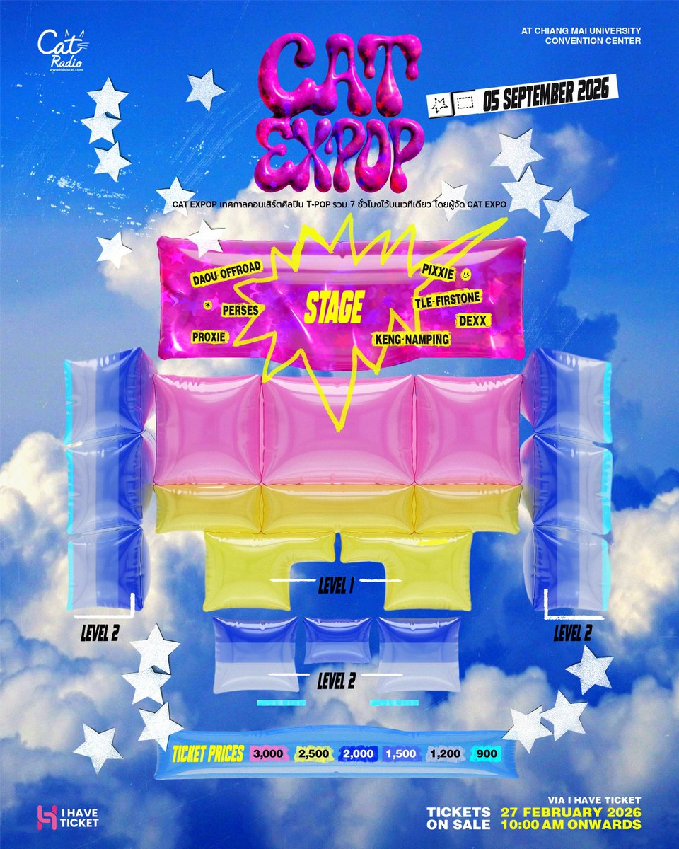 catexpop's tweet image. SEATING PLAN ‘CAT EXPOP’ 

เทศกาลคอนเสิร์ตศิลปิน POP
รวม 7 ชั่วโมงไว้บนเวทีเดียว
โดยผู้จัด CAT EXPO

PROXIE, PERSES, PIXXIE, DEXX, DAOU - OFFROAD, KENG - NAMPING, TLE - FIRSTONE

_____ 

5 กันยายน 2569
Chiang Mai University Convention Center

บัตรราคา 3,000 / 2,500 / 2,000 /…