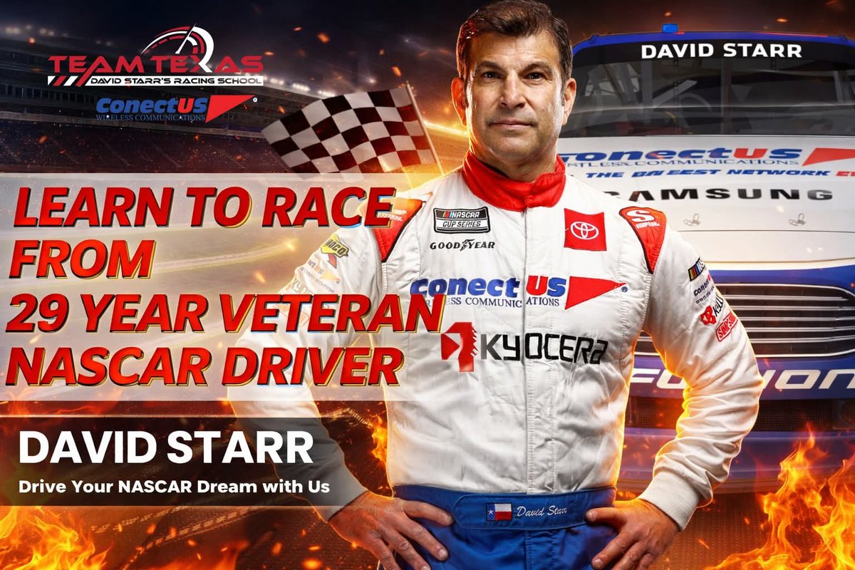 🏁 From Daytona to Texas. 🏁
Feb 14: David Starr races Daytona.
Feb 21: YOU race with him at Team Texas.
29 years. Real NASCAR. Real instruction.
Drive. Ride. NASCAR Limo for the family.
Limited spots = serious bragging rights.
👉 teamtexas.com
#TeamTexas #DavidStarr