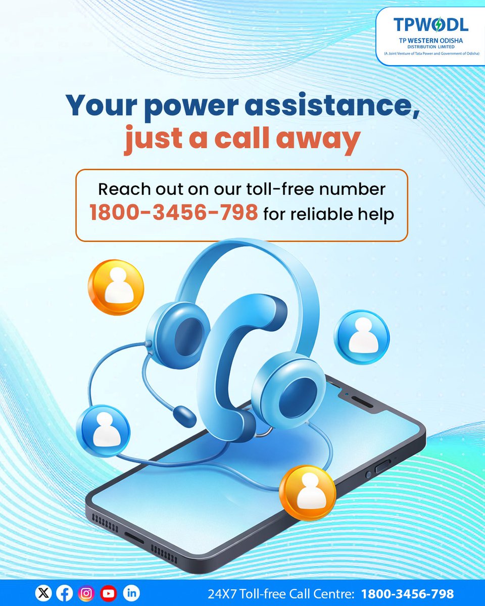 TPWesternOdisha's tweet image. Have a power-related concern? Our dedicated team is just a call away. 

Dial our toll-free numbers for timely assistance and smooth resolution of your electricity queries.

#CustomerFirst #CustomerCare #TollFreeNumber