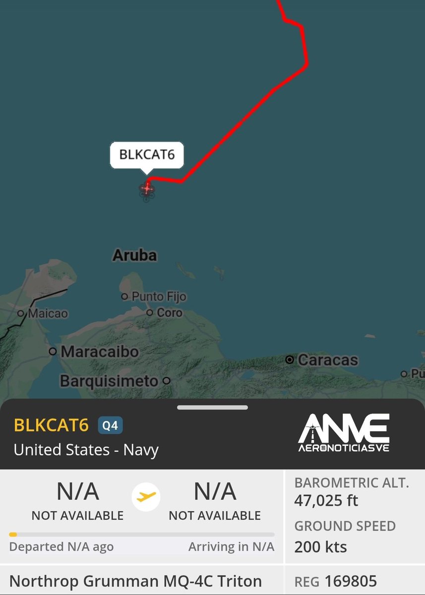 #5Ene Finalmente Don Gato 🐈‍⬛️ llego al Caribe. 

El Drone MQ-4C #BLKCAT6 del #USNavy 🇺🇸 inicia misión de Inteligencia, Vigilancia y Reconocimiento (ISR) al Norte de Aruba 🇦🇼 y Venezuela 🇻🇪