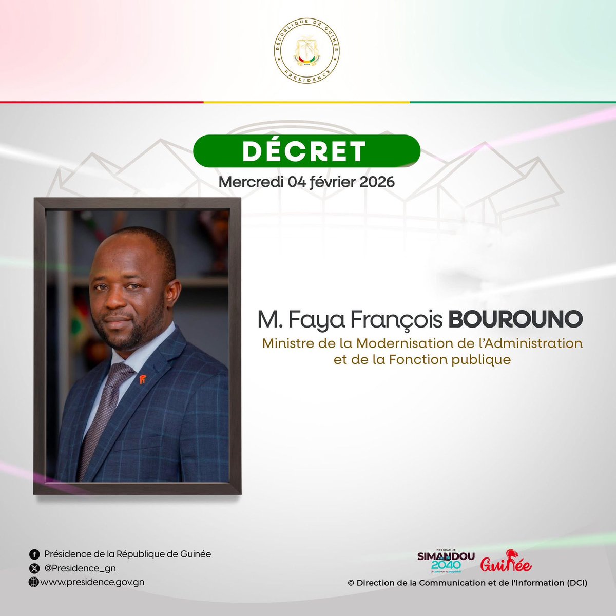 Presidence_gn's tweet photo. 🔴 𝐃𝐄́𝐂𝐑𝐄𝐓𝐒 

▫️𝗣𝗼𝗿𝘁𝗮𝗻𝘁 𝗻𝗼𝗺𝗶𝗻𝗮𝘁𝗶𝗼𝗻 𝗱𝗲𝘀 𝗺𝗲𝗺𝗯𝗿𝗲𝘀 𝗱𝘂 𝗚𝗼𝘂𝘃𝗲𝗿𝗻𝗲𝗺𝗲𝗻𝘁 𝗱𝗲 𝗹𝗮 𝗥𝗲́𝗽𝘂𝗯𝗹𝗶𝗾𝘂𝗲 𝗱𝗲 𝗚𝘂𝗶𝗻𝗲́𝗲. 

#GouvGN https://t.co/9EoVUSFD9k