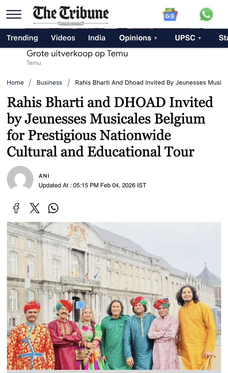 BhartiRahis's tweet photo. Rahis Bharti and DHOAD Invited by Jeunesses Musicales Belgium for Prestigious Nationwide Cultural and Educational Tour
Read more At: 
https://t.co/sXuv55SNDj @IndiaembFrance @IndEmbassyBru https://t.co/xdrcN4zxbo