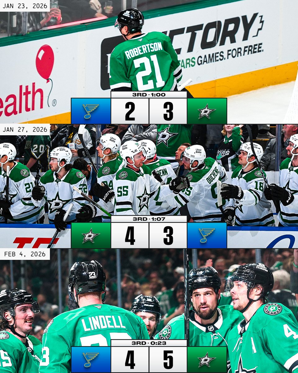 NHL's tweet image. The @DallasStars have broken the tie against the Blues with just about a minute remaining for a THIRD STRAIGHT GAME 😱