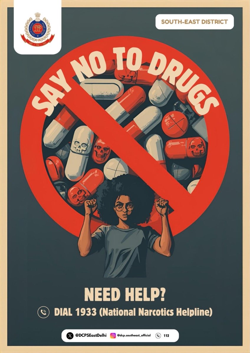 DCPSEastDelhi's tweet photo. Stand strong, choose life, and SAY NO TO DRUGS! 💪🚫💊

If you or someone you know needs help, reach out — 📞 Dial 1933  

#SayNoToDrugs #DrugFreeIndia #YouthPower #ChooseLife #EndAddiction #1933Helpline #StaySafe 

@DelhiPolice @JointCPSR https://t.co/x6RIpd78z7