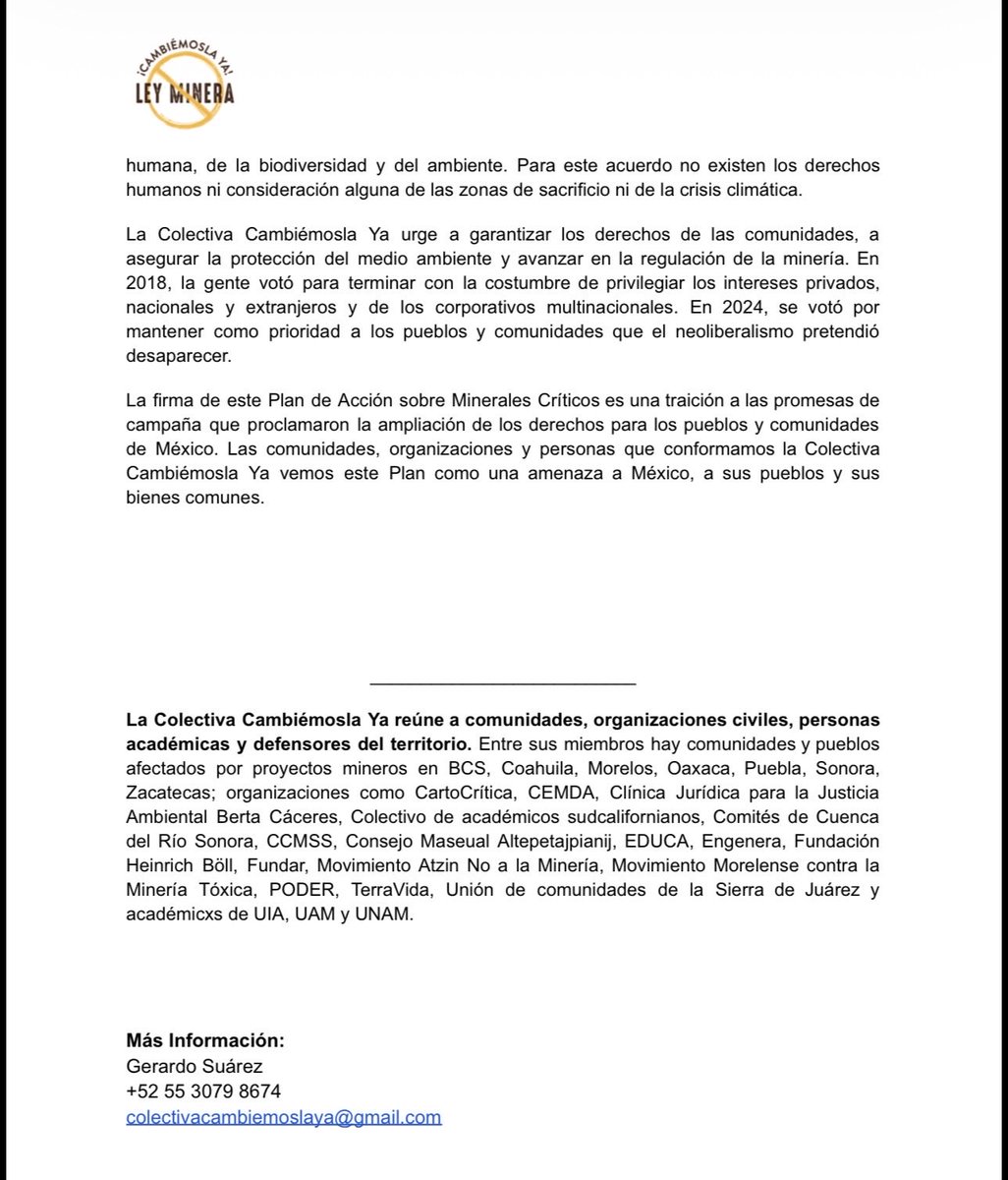 El secretario de economía, <a href="/m_ebrard/">Marcelo Ebrard C.</a>, no debería “intentar regresar los privilegios a la industria (minera), como lo hizo Salinas durante el periodo neoliberal”, señala <a href="/cambiemosla_ya/">Cambiémosla Ya</a> , al acusar de traición el anunciado plan sobre #MineralesCríticos México-EEUU
