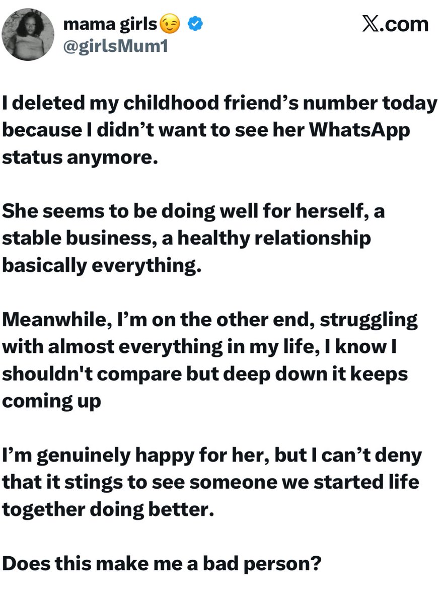 instablog9ja's tweet image. Lady deletes childhood friend’s contact after struggling with comparisons and self-doubt
Thoughts?